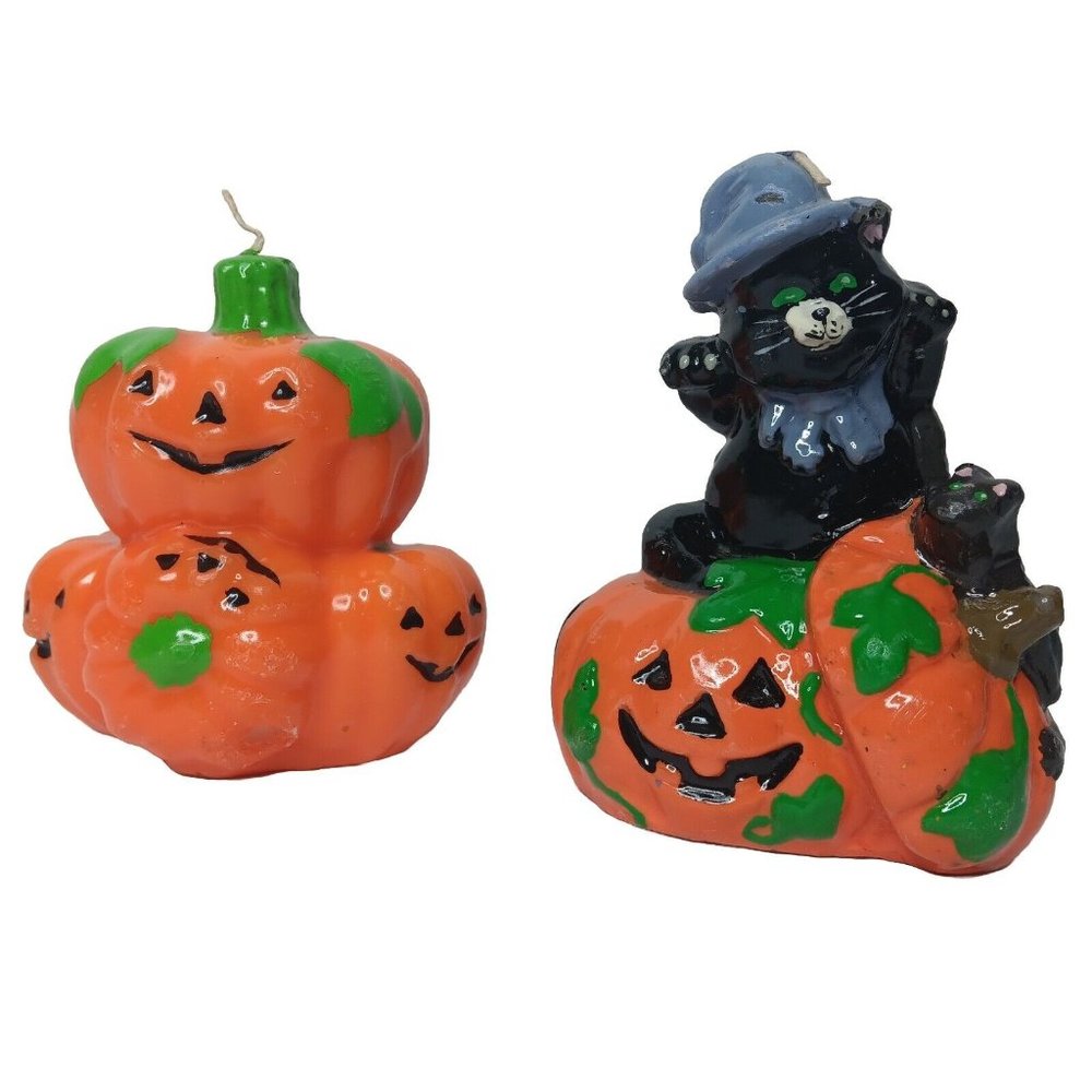 Vintage 1980s Halloween Wax Candles 2 Kitschy Pumpkins Black Cat Bat Decor